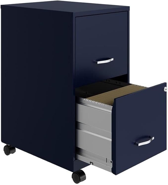 Pemberly Row 18 2-Drawer Mobile Metal Filing Cabinet Navy Finish Painted Steel Lockable High-Side Drawers Smooth Glide Wheels Compact Vertical Design for Home or Office Organization