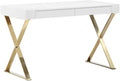 Pemberly Row Modern Writing Desk 47 in x 24 in x 30 in High Gloss Lacquer Finish White and Gold High Polished Steel Legs 2 Drawers Rectangular Home Office or Study Room Furniture
