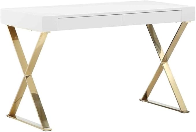 Pemberly Row Modern Writing Desk 47 in x 24 in x 30 in High Gloss Lacquer Finish White and Gold High Polished Steel Legs 2 Drawers Rectangular Home Office or Study Room Furniture