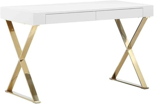 Pemberly Row Modern Writing Desk 47 in x 24 in x 30 in High Gloss Lacquer Finish White and Gold High Polished Steel Legs 2 Drawers Rectangular Home Office or Study Room Furniture