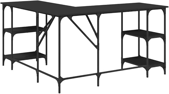 Large Black Engineered Wood Corner Desk Industrial Style Adjustable Feet Computer Desk for Home Office Study Dorm Room