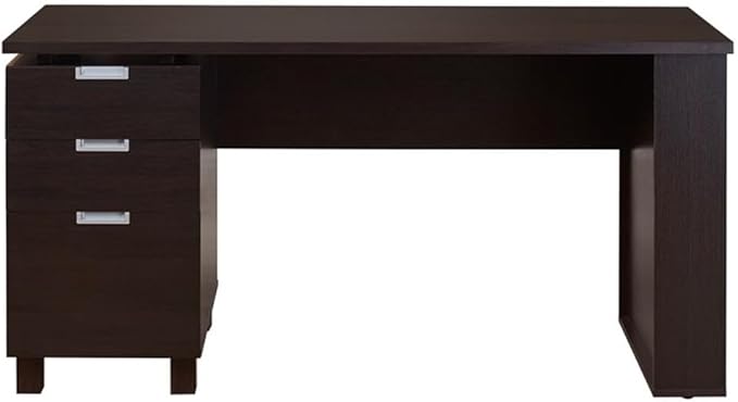 Scranton &amp Co Modern 3-Drawer Wood/Steel Office Desk 59 in Wide Espresso Finish Built-in Filing Cabinet Open Shelves Chrome Accents Particle Board Construction Home Office Desk for Workspac