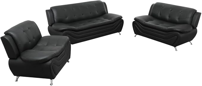 Lounge Comfy Faux Leather Sectional Sofa Modern Couch for Small Living Room/Dorm/Bedroom/Office/Apartment for Small Spaces (Black-1 Three-Piece)