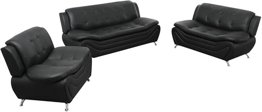 Lounge Comfy Faux Leather Sectional Sofa Modern Couch for Small Living Room/Dorm/Bedroom/Office/Apartment for Small Spaces (Black-1 Three-Piece)