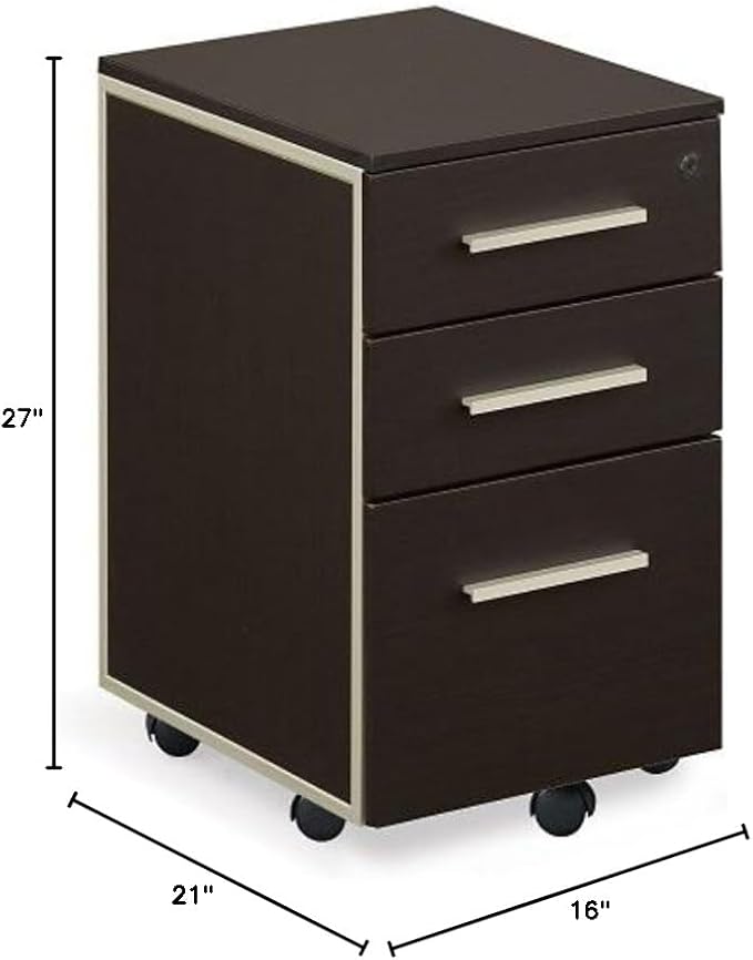NBF Office Files Pedestal Cabinet - 3 Drawer File Cabinet with Lock - Brown Laminate Office Filing Cabinets - Modern Mobile File Cabinet Document Storage (26 H Espresso)