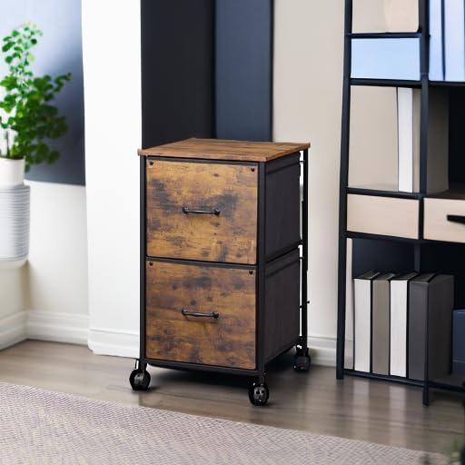 DEVAISE 2 Drawer Mobile File Cabinet Rolling Printer Stand Fabric Vertical Filing Cabinet fits A4 or Letter Size for Home Office Rustic Brown Wood Grain Print