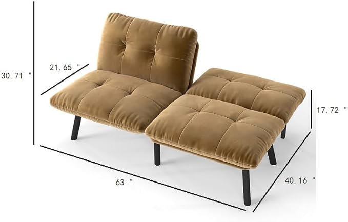 Sofa Bed with Chaise Modern Convertible Sleeper Sectional Loveseat Velvet Futon Couch with Tufted Back and Metal Legs for Small Space Apartment (Brown)