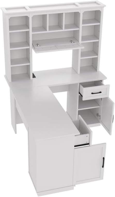 Polibi L-Shaped Computer Desk with Storage - 2-in-1 Design with 2 Drawers and 2 Cabinets 11 Open Shelves &amp Power Outlet for Home Office Study Room White