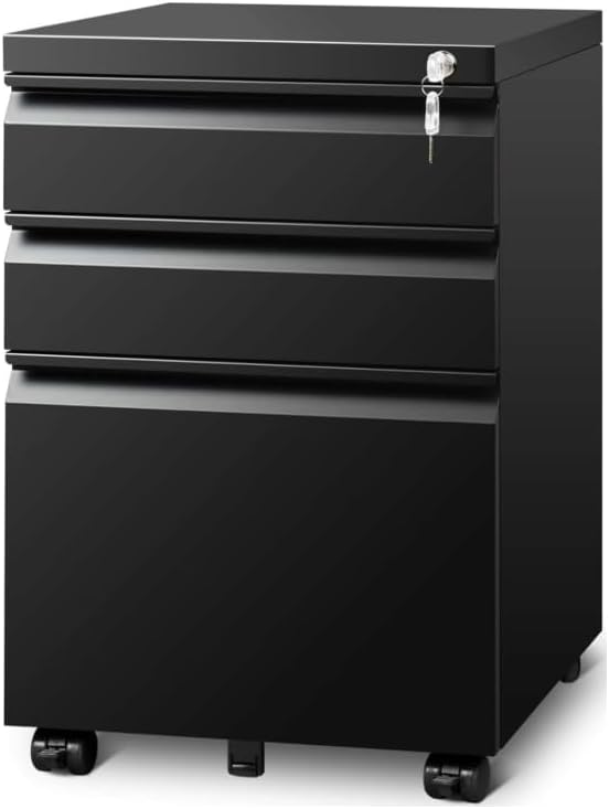 3 Drawer File Cabinet with 4 Wheels Capacity 120 Lb Locking File Cabinet- for A4 Letter-Head Legal-Size Folders - for Office&ampStudy Black