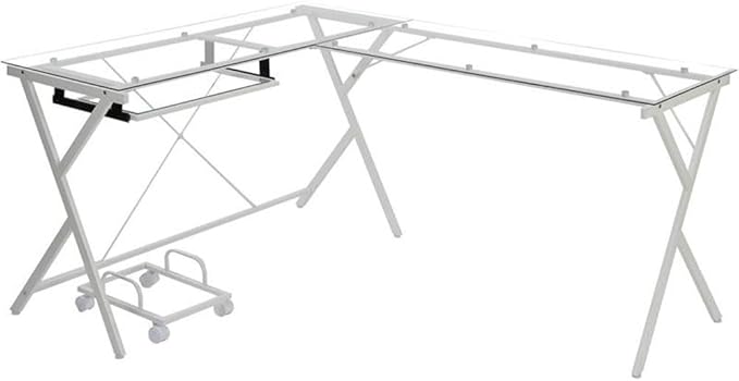 Acme Demas Glass Top L-Shaped Computer Desk with Holder in Clear and White