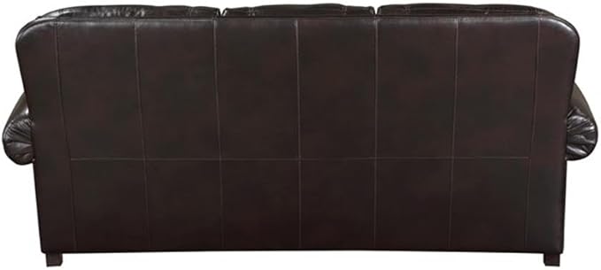 Pemberly Row Breathable Faux Leather Upholstered Sofa Brown Finish Solid Wood Frame High-Density Foam Padding Nailhead Trim Decorative Pillows Espresso Wood Feet Traditional Living Room Seating