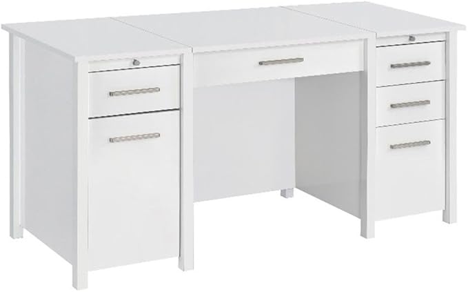 BOWERY HILL Contemporary Wood Lift Top Home Office Desk High Gloss White Finish 60 in Wide MDF and Particle Board Construction 4 Drawers Storage Trays Ergonomic Workspace