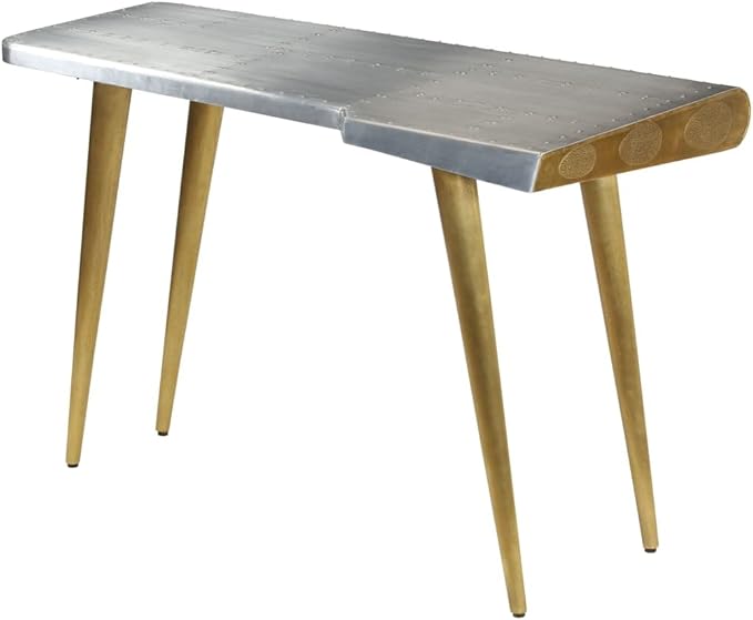 Rustic Computer Writing Desk Home Office Workstation 47.2 Inch Aluminum PC Laptop Stand Console Table Aviator Writing Desk Vintage Aircraft Airman Style Desk Silver