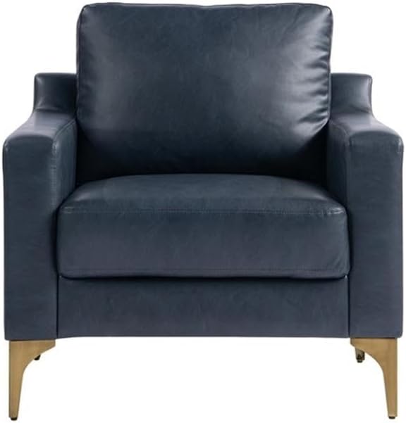 Pemberly Row Stationary Arm Chair Navy Blue Faux Leather Upholstery Solid Wood Frame Bronze Metal Legs High Density Foam Cushions Modern Accent Chair for Living Room or Office Use