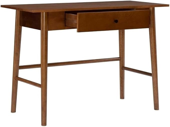 UrbanPro Mid-Century Wood Desk 42 x 19 x 29.63 Warm Walnut Finish 1-Drawer with Rounded Legs Rubberwood and Birch Veneer Modern Home Office Desk for Bedroom Kitchen or Living Room Use