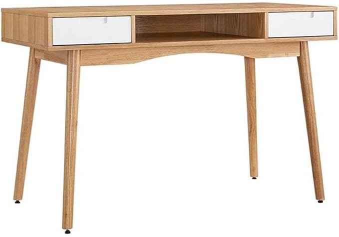 Riverbay Furniture Writing Desk 47.25 W x 21.75 D x 30 H Ash Veneer Frame Natural and White Finish Contemporary Style Drawers and Open Shelf Sturdy Home Office Desk