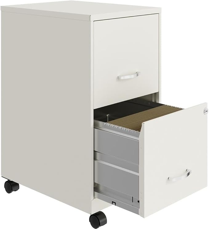 Pemberly Row 2-Drawer Mobile Vertical Filing Cabinet 18in Metal Pearl White Finish Lockable Storage Letter-Size File Drawer Smooth Glide Suspension Compact Office Furniture with Casters