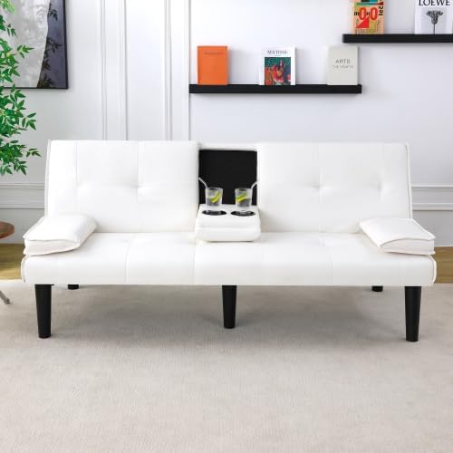 Convertible Folding Futon Sofa Bed Sleeper Couch for Living Room Modern Faux Leather Upholstered Loveseat w/Removable Armrests Metal Legs 2 CupHolders Love Seat Sofa Bed for Small Spaces (White)