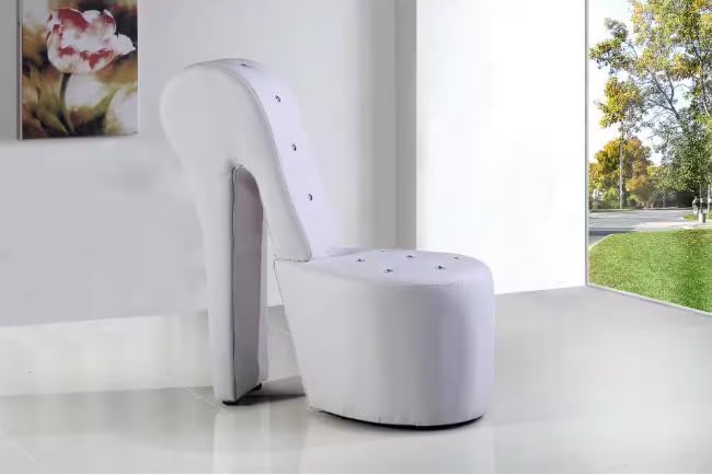 First of a Kind 19 Modern Shoe Chair - Crystal Studded Faux Leather High Heel Chair with Medium Firm Comfort - Luxurious Decor Addition for Bedroom Living Room &amp Studio (White)