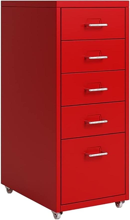 5-Drawer File Cabinet Metal Mobile File Cabinet with Wheels Filing Cabinet Under Desk for Home/Office (Color:Red)