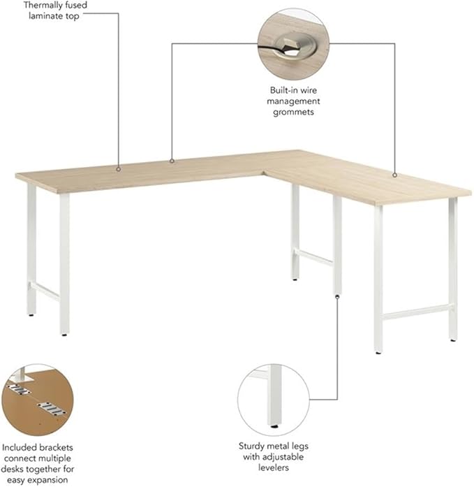 Bush Business Furniture Hustle 72W x 24D L Shaped Computer Desk with Metal Legs in Natural Elm/White Modular Corner Table for Home and Professional Office