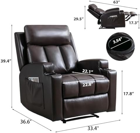 3PCS Faux Leather Manual Recliner Chair for Adults Comfy Reclining Chairs with Overstuffed Arm and Back Single Sofa for Living Room (3 Brown)