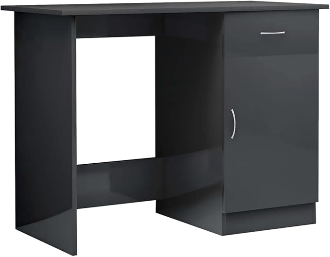 Modern Writing Computer Desk with a Drawer and a Door Home Office Desk Writing Study Table PC Desk Workstation for Bedroom High Gloss Gray 39.4x19.7x29.9 Engineered Wood(E)