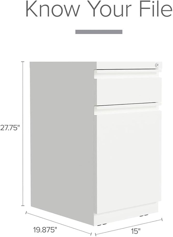 Pemberly Row Mobile Pedestal Filing Cabinet 20 D White Metal 2-Drawer with Backpack Drawer Hidden Casters Ball-Bearing Slides Core-Removable Lock Commercial Grade Office Storage