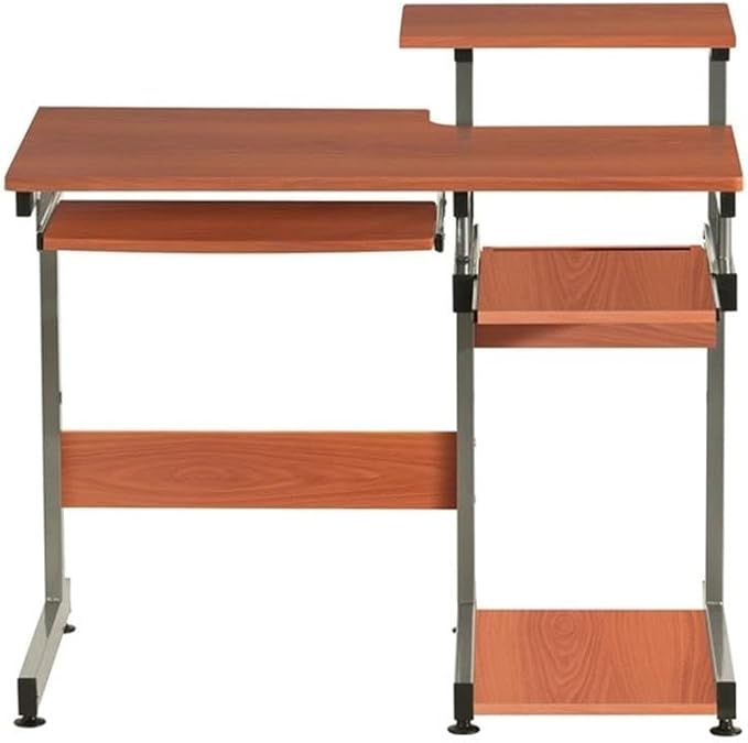Pemberly Row Contemporary Wood/Steel Computer Desk 38 W x 22 D x 30 H Mahogany Finish MDF and Steel Construction Pull-Out Keyboard Tray Printer and Scanner Shelves Home Office Desk