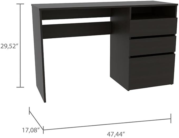 Pemberly Row Computer Desk 47.4 Wx17.1 Dx29.5 H Engineered Wood Black Finish 3 Drawer Design with Cubby Space Compact Modern Style Home Office Desk for Workspace Storage