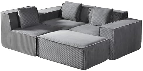 Harper Convertible Corduroy Sectional Couch with Ottoman &amp Pillows Modular L Shaped Sleeper Sofa Boneless Cloud Couch for Living Room Furniture Dark Grey