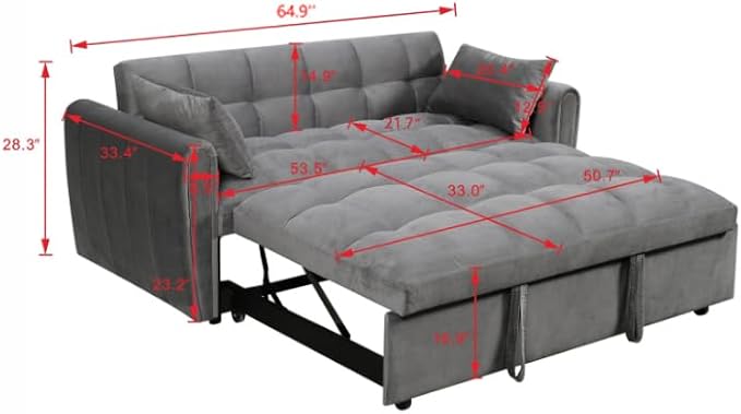 Ball &amp Cast 65 3 in 1 Large Sleeper Sofa BedVelvet Upholstered Pull Out Couch with Adjustable Back&amp2 PillowsConvertible Futon Sofa-Bed W/Side PocketLoveseat Chaise Lounge for Living RoomD
