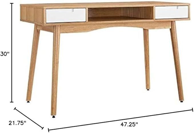 Riverbay Furniture Writing Desk 47.25 W x 21.75 D x 30 H Ash Veneer Frame Natural and White Finish Contemporary Style Drawers and Open Shelf Sturdy Home Office Desk