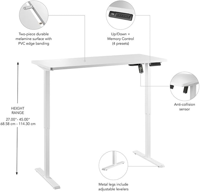 Bush Home Energize 55W x 24D Electric Height Adjustable Standing Desk in Basic White Ergonomic Sit-Stand Computer Table for Home Office