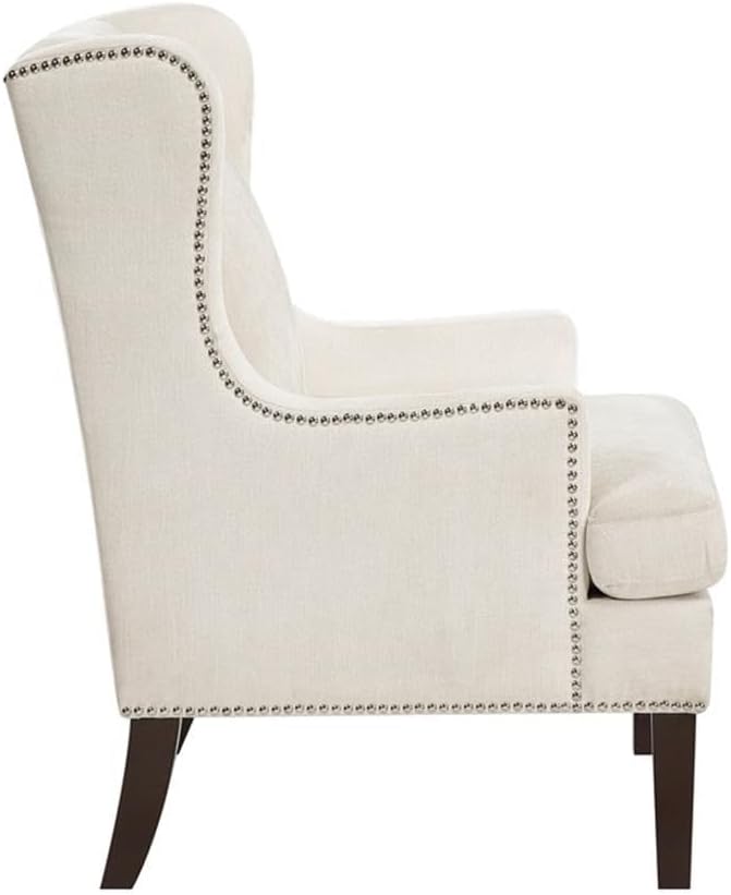 Pemberly Row Accent Chair Textured Beige Upholstery Wingback Design with Nailhead Trim Plush Cushioned Seat Wooden Legs 21 in Seat Width Modern Classic Style for Living Room Bedroom or Office
