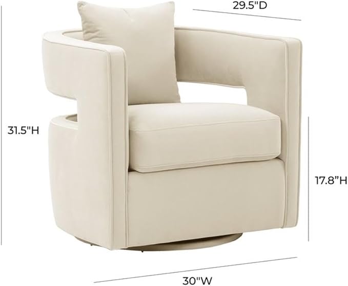 Maklaine 31.5 Velvet Swivel Accent Chair Cream Finish Solid Wood Frame and Stainless Steel Base Plush Foam Fill Transitional Style Handmade Chair for Living Room or Bedroom Seating
