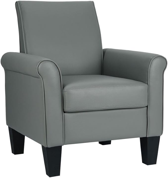 Lohoms Mid-Century Modern Accent Chair Overstuffed Leather Chairs for Living RoomUpholstered Comfy Club Chair Fake Faux Leather Armchair for Bedroom Apartment Office Lounge PU Leather Grey