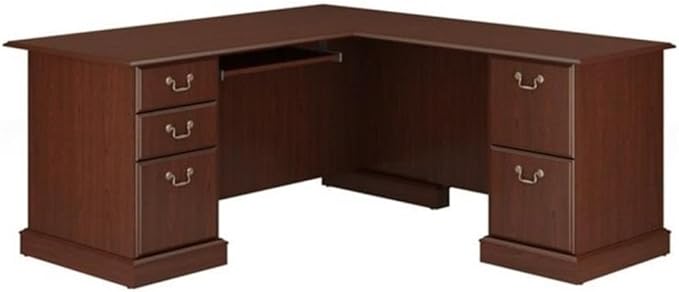 Pemberly Row L-Shape Executive Office Computer Desk 66 in x 71.2 in Harvest Cherry Finish Manufactured Wood Double Pedestal Base with Storage Keyboard Shelf File Drawers Home Office Desk