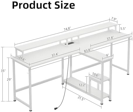 Mexin Double Desk for Two People - 83.7 Inch 2 Person Desk with Storage Shelves and Power Outlets Home Office Desk with Monitor Stand Long Gaming Desk Large Workstation White