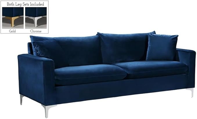 Meridian Furniture Naomi Collection Modern | Contemporary Navy Velvet Upholstered Sofa with Stainless Steel Base in a Rich Gold or Chrome Finish