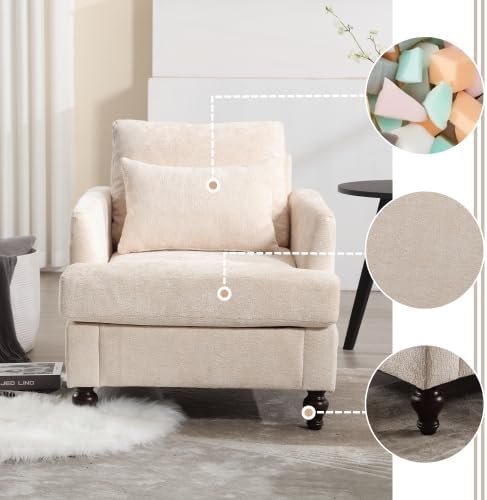 Modern Accent Chair 29'' W Comfy Chenille Tufted Lounge Armchair for Living Room Upholstered Mid Century Reading Nook Chairs Single Sofa Chair Solid Wood Frame (Beige)