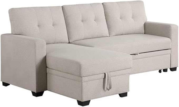 Devion Furniture L-Shaped Polyester Fabric Reversible Easy Convertible Pull-Out Sleeper Sectional Sofa/Storage Chaise with Tufted Back Cushions and Track Arms in Beige