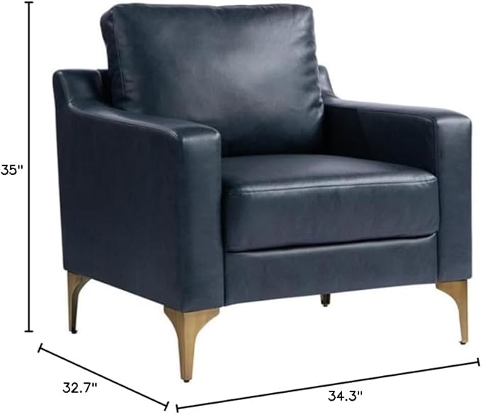 Pemberly Row Stationary Arm Chair Navy Blue Faux Leather Upholstery Solid Wood Frame Bronze Metal Legs High Density Foam Cushions Modern Accent Chair for Living Room or Office Use