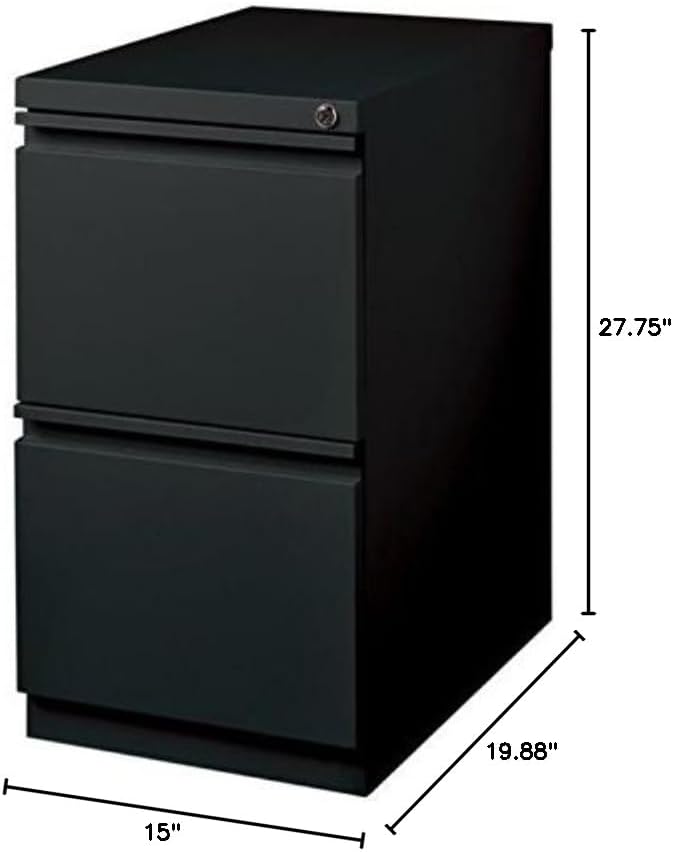 BOWERY HILL 20 2-Drawer Metal Mobile Filing Cabinet Black Finish 27.75 H x 15 W x 19.88 D Commercial Grade with Lock Hidden Casters Full Extension Drawers for Office Workspace