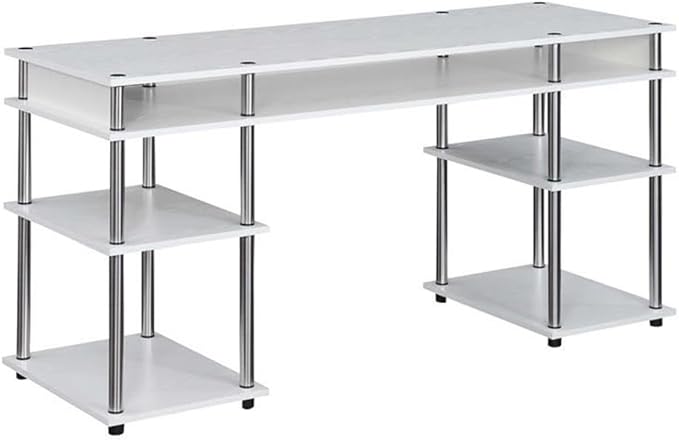 Pemberly Row 60-Inch Deluxe Student Desk with Shelves White Wood Finish Stainless Steel and Particle Board Construction No-Tools Easy Assembly Home Office or Dorm Workspace