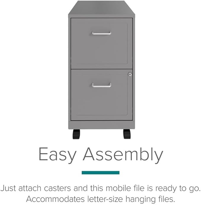 Pemberly Row 18 2-Drawer Metal Mobile Filing Cabinet Arctic Silver Finish Locking Design with Easy Roll Casters Stylish Embossed Fronts Compact Vertical Storage for Small Office or Home Office
