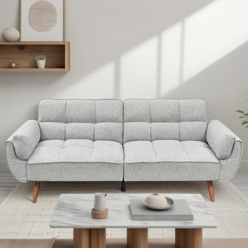 Convertible Futon Sofa Bed Modern Futon Couch with 2 Pillows Small Futons Couch with Adjustable Armrest &amp Backrest Loveseat Sofa Bed for Living Room Bedroom Gray