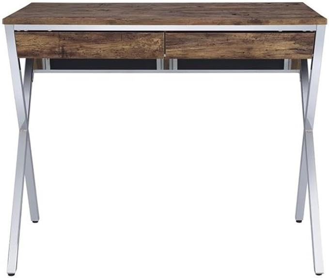 Pemberly Row 2-Drawer Wooden Home Office Desk 36 W x 21 D x 30 H Weathered Oak and Chrome Finish Rectangular Writing Desk with Storage Drawers Modern Statement Piece for Office
