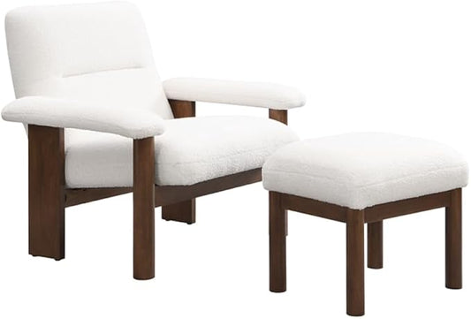 Modern Accent Chair with Ottoman Mid Century Lounge Chair with footrest Comfy Fabric Armchair Upholstered Set with Solid Wood Frame for Living Room