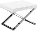 Pemberly Row Modern Side Table High Gloss Lacquer Finish High Polished Steel Metal Legs White 16 H x 21 W x 16 D Pull-Out Drawer Multifunctional End Table or Nightstand